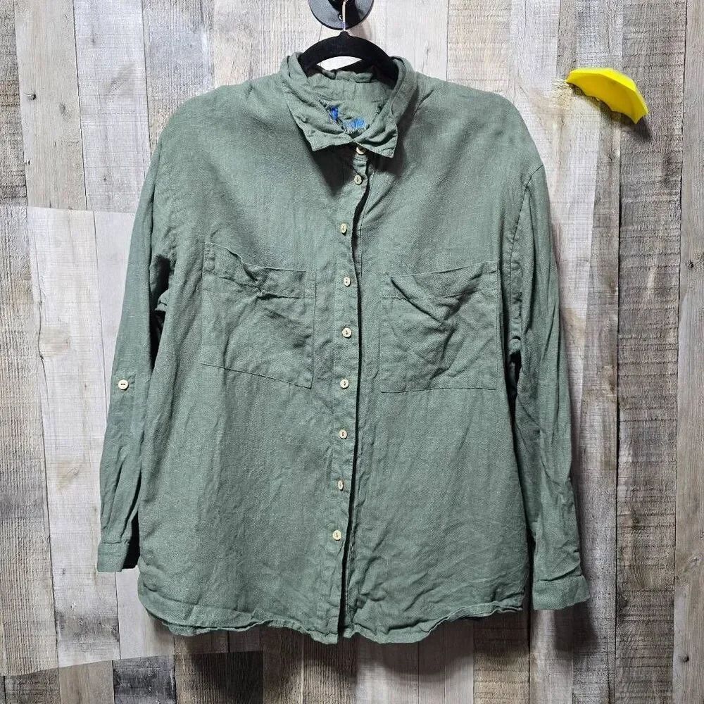 Yuvita Linen Button Down Shirt Green XL Gorpcore Natural Airy Summer Office